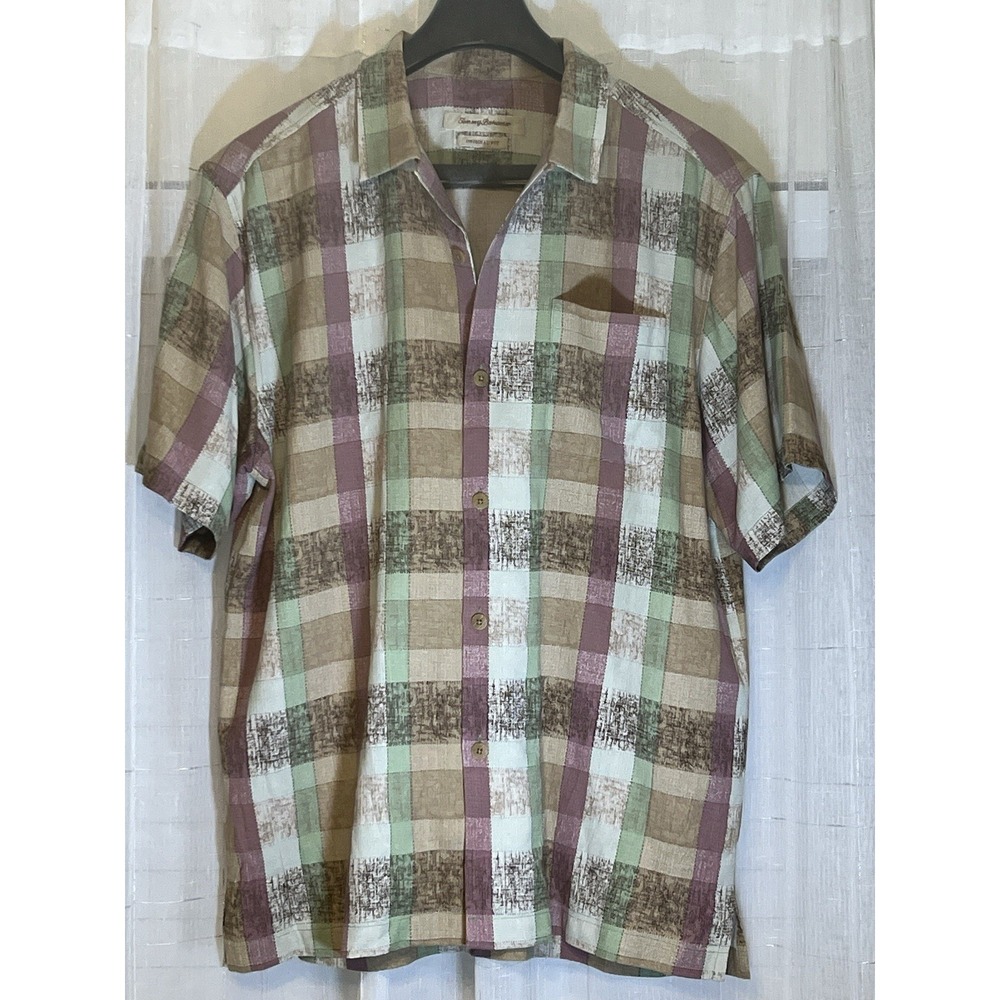 TOMMY BAHAMA 100% Silk Hawaiian Brown  & Green Shirt Men's Size LARGE